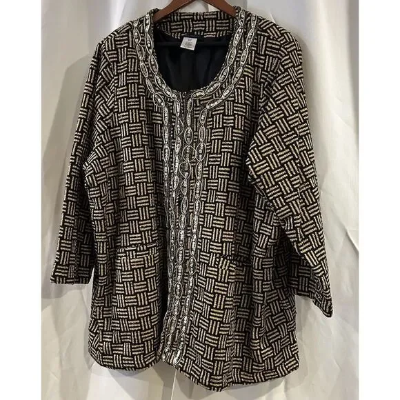ULLA POPKEN Unique tan black print gold sequins design Blazer Jacket Size 28/30 - Picture 2 of 5